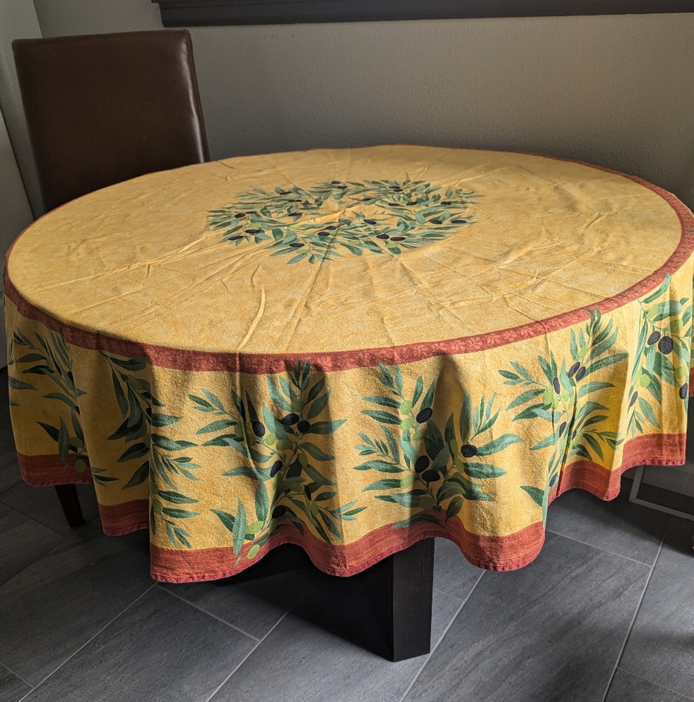 Yellow Olive Branch Round Tablecloth with Red Trim
